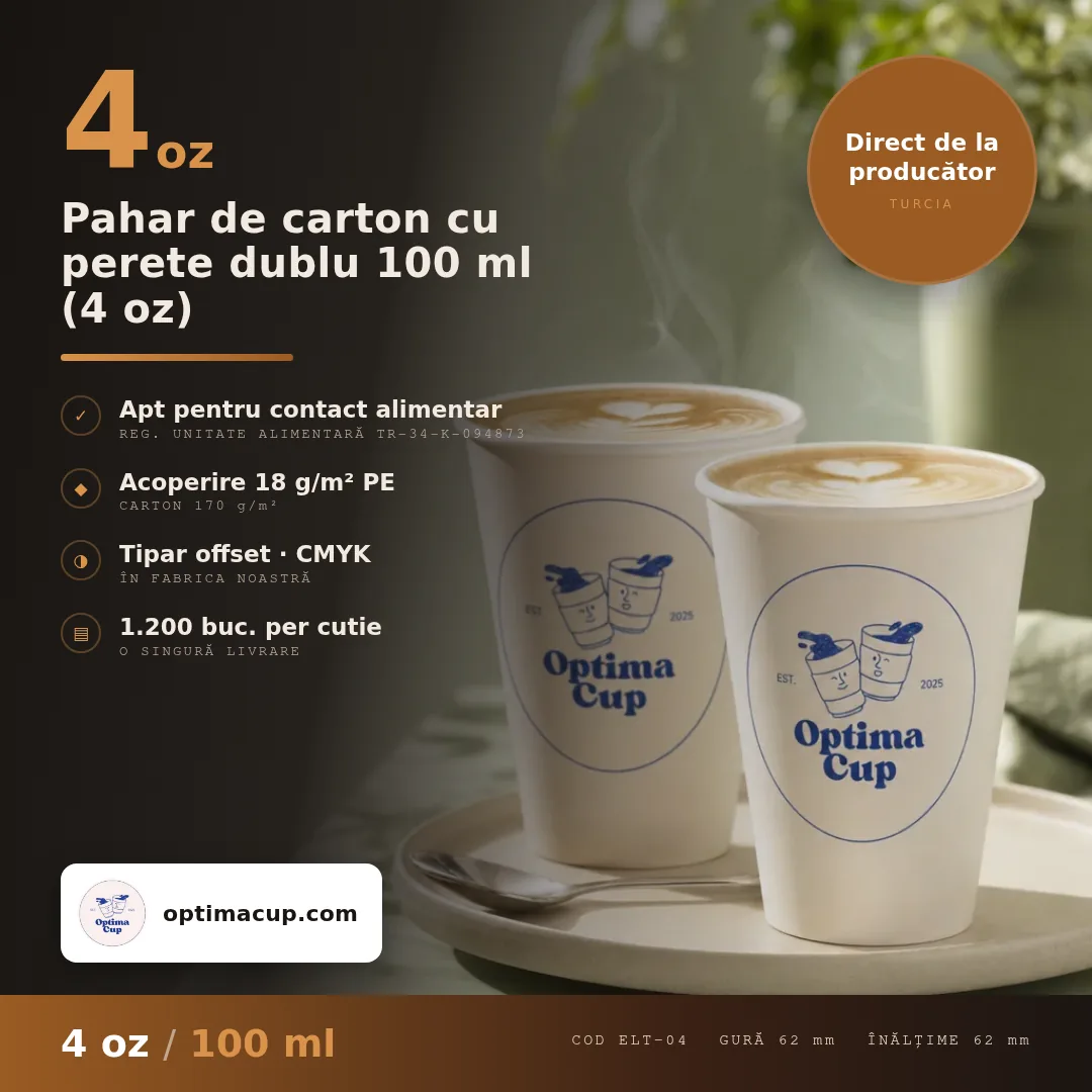 Pahar de carton cu perete dublu 100 ml (4 oz), dimensiuni și bax — pahare carton direct de la producător, 1.500 buc/bax