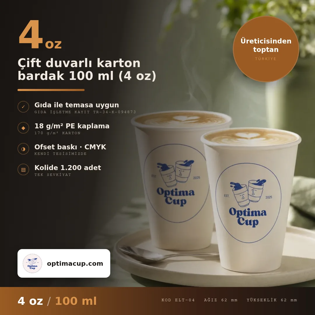 Çift duvarlı karton bardak 100 ml (4 oz), ölçü ve koli bilgisi — karton bardak üreticisinden toptan, kolide 1.200 adet