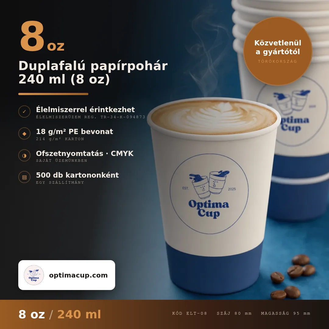 Duplafalú papírpohár 240 ml (8 oz), méretek és kartontartalom — papírpohár közvetlenül a gyártótól, 500 db kartononként