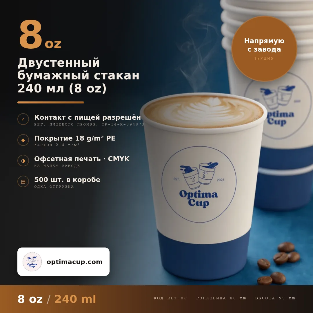 Двустенный бумажный стакан 240 мл (8 oz), размеры и количество в коробке — бумажные стаканы оптом от производителя, 500 шт в коробке