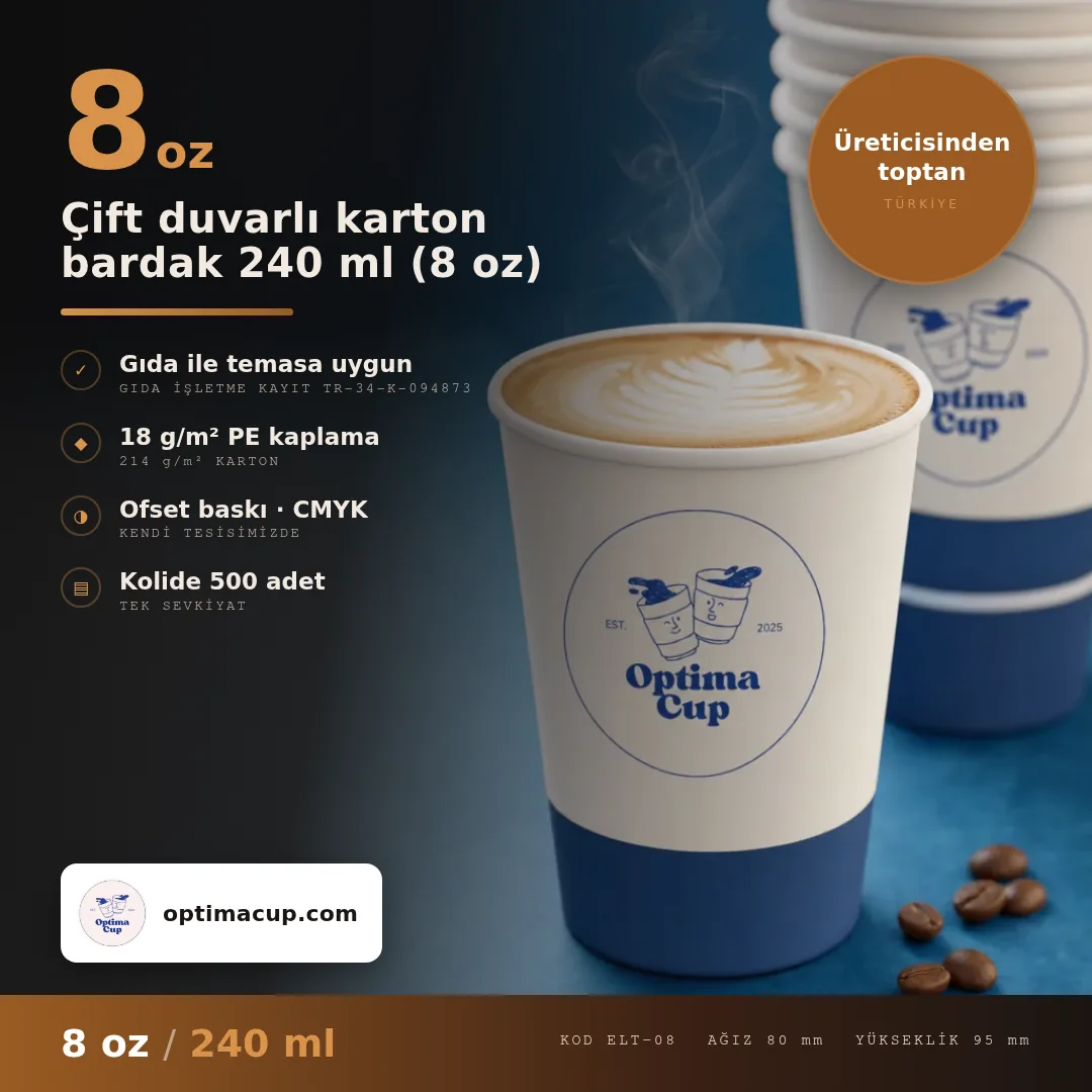 Çift duvarlı karton bardak 240 ml (8 oz), ölçü ve koli bilgisi — karton bardak üreticisinden toptan, kolide 500 adet
