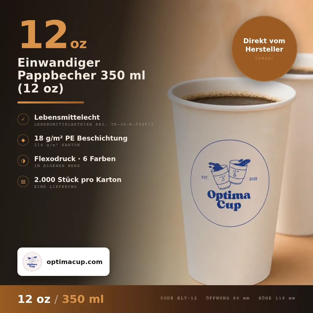 Einwandiger Pappbecher 350 ml (12 oz), Maße und Kartoninhalt — Pappbecher direkt vom Hersteller, 2.000 Stück pro Karton