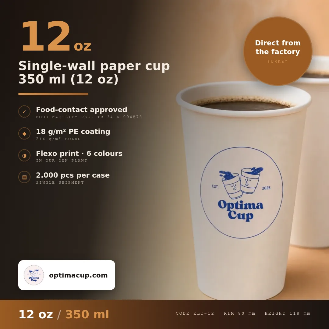 Single-wall paper cup 350 ml (12 oz), size and case data — wholesale from the paper cup manufacturer in Turkey, 2,000 pcs per case