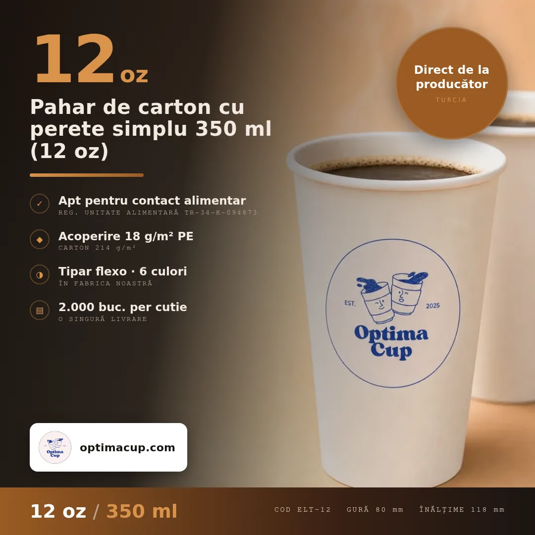 Pahar de carton cu perete simplu 350 ml (12 oz), dimensiuni și bax — pahare carton direct de la producător, 2.000 buc/bax