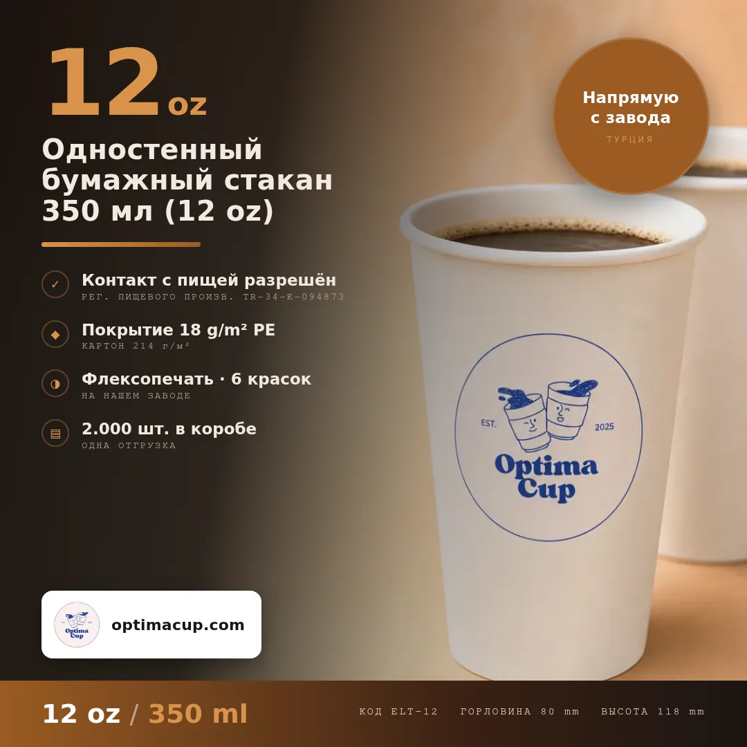 Одностенный бумажный стакан 350 мл (12 oz), размеры и количество в коробке — бумажные стаканы оптом от производителя, 2 000 шт в коробке