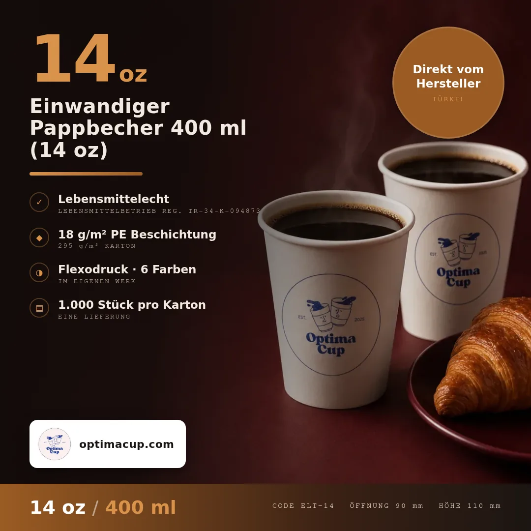 Einwandiger Pappbecher 400 ml (14 oz), Maße und Kartoninhalt — Pappbecher direkt vom Hersteller, 1.000 Stück pro Karton