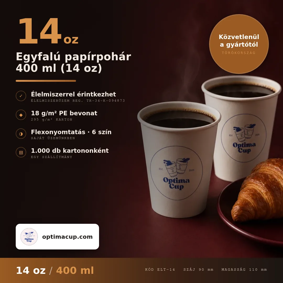 Egyfalú papírpohár 400 ml (14 oz), méretek és kartontartalom — papírpohár közvetlenül a gyártótól, 1 000 db kartononként