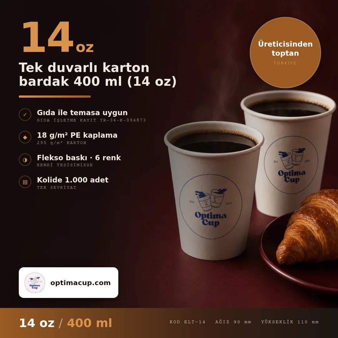 Tek duvarlı karton bardak 400 ml (14 oz), ölçü ve koli bilgisi — karton bardak üreticisinden toptan, kolide 1.000 adet