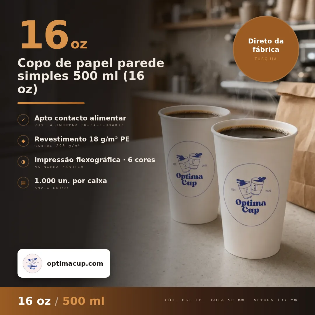 Copo de papel parede simples 500 ml (16 oz), medidas e unidades por caixa — copos descartáveis direto da fábrica, 1.000 un por caixa