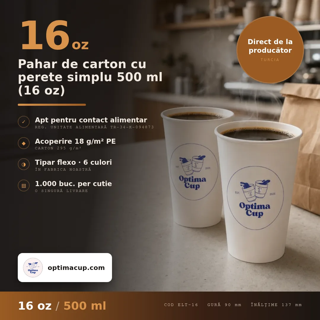 Pahar de carton cu perete simplu 500 ml (16 oz), dimensiuni și bax — pahare carton direct de la producător, 1.000 buc/bax