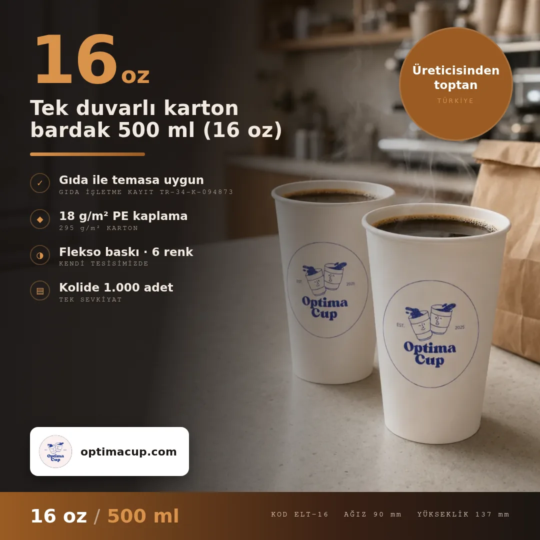 Tek duvarlı karton bardak 500 ml (16 oz), ölçü ve koli bilgisi — karton bardak üreticisinden toptan, kolide 1.000 adet