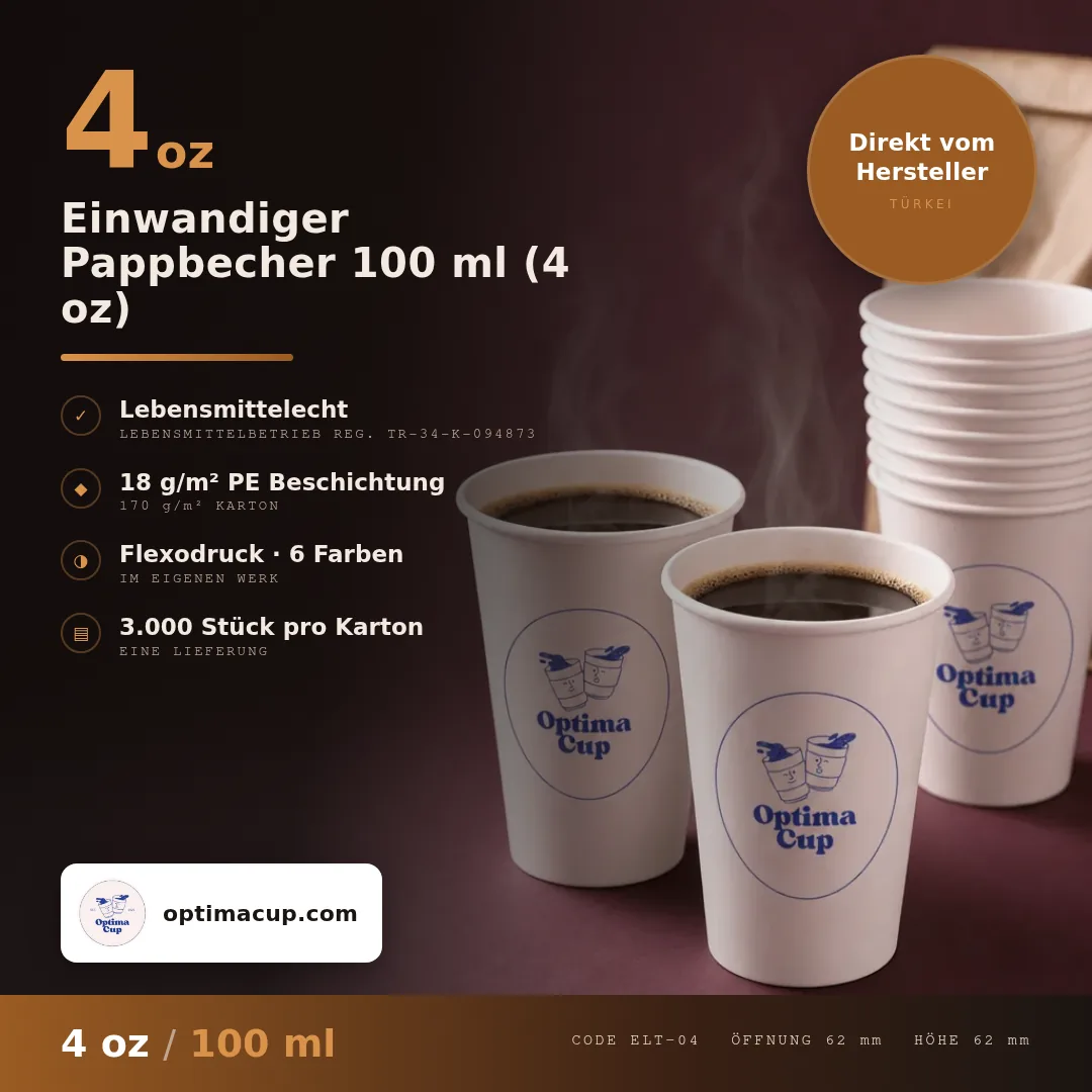Einwandiger Pappbecher 100 ml (4 oz), Maße und Kartoninhalt — Pappbecher direkt vom Hersteller, 3.000 Stück pro Karton