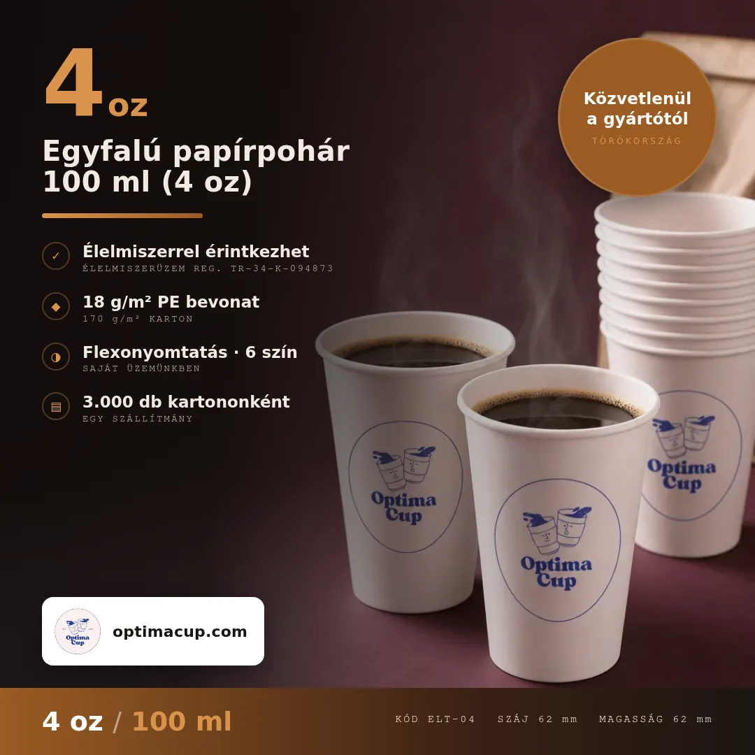Egyfalú papírpohár 100 ml (4 oz), méretek és kartontartalom — papírpohár közvetlenül a gyártótól, 2 000-3 000 db kartononként