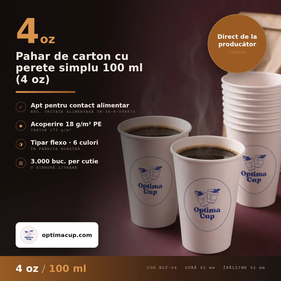 Pahar de carton cu perete simplu 100 ml (4 oz), dimensiuni și bax — pahare carton direct de la producător, 2.000-3.000 buc/bax