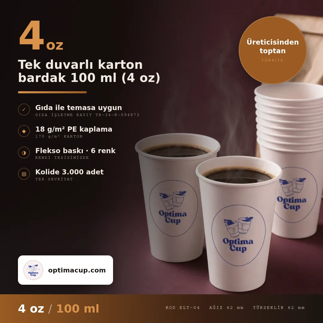 Tek duvarlı karton bardak 100 ml (4 oz), ölçü ve koli bilgisi — karton bardak üreticisinden toptan, kolide 2.000-3.000 adet