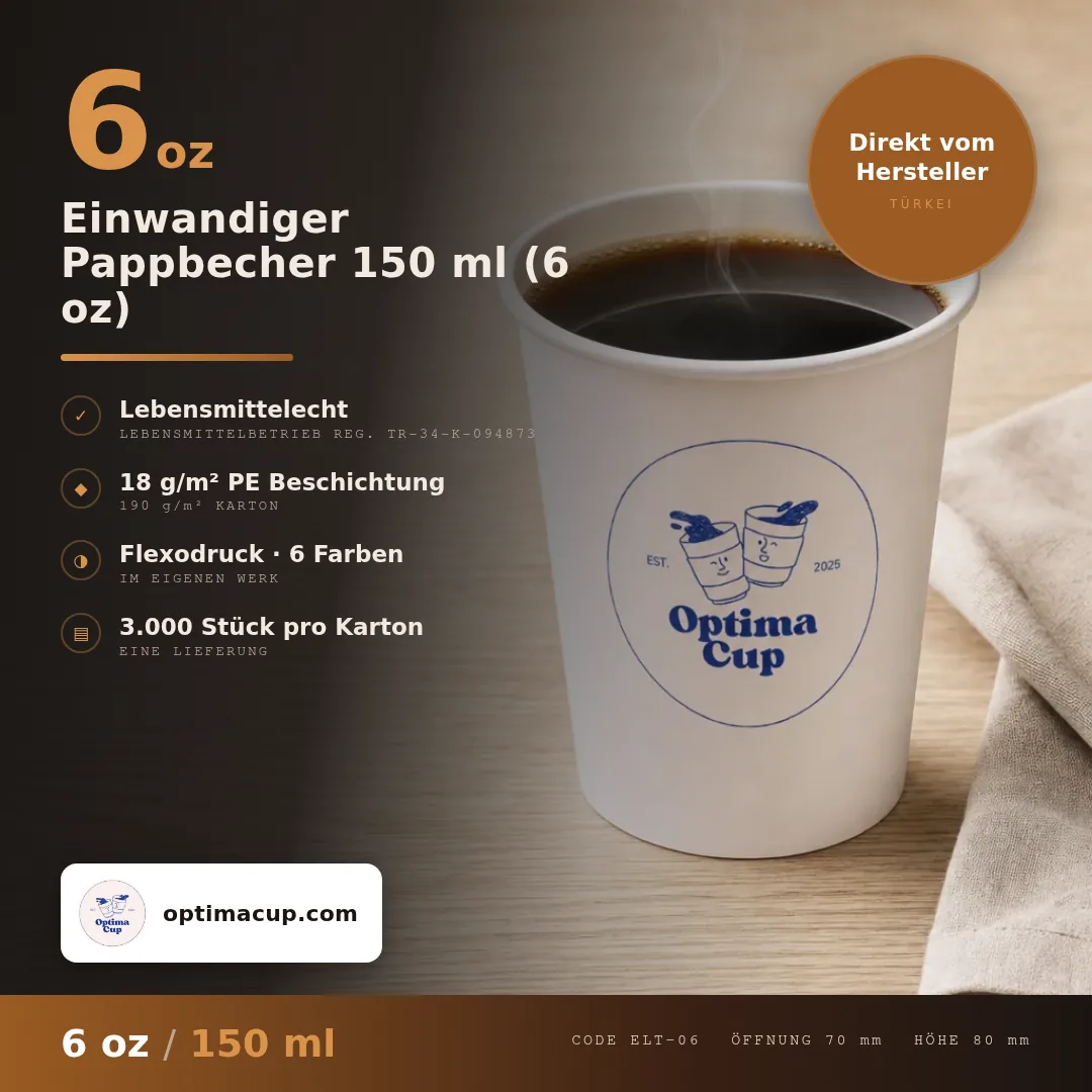 Einwandiger Pappbecher 150 ml (6 oz), Maße und Kartoninhalt — Pappbecher direkt vom Hersteller, 3.000 Stück pro Karton