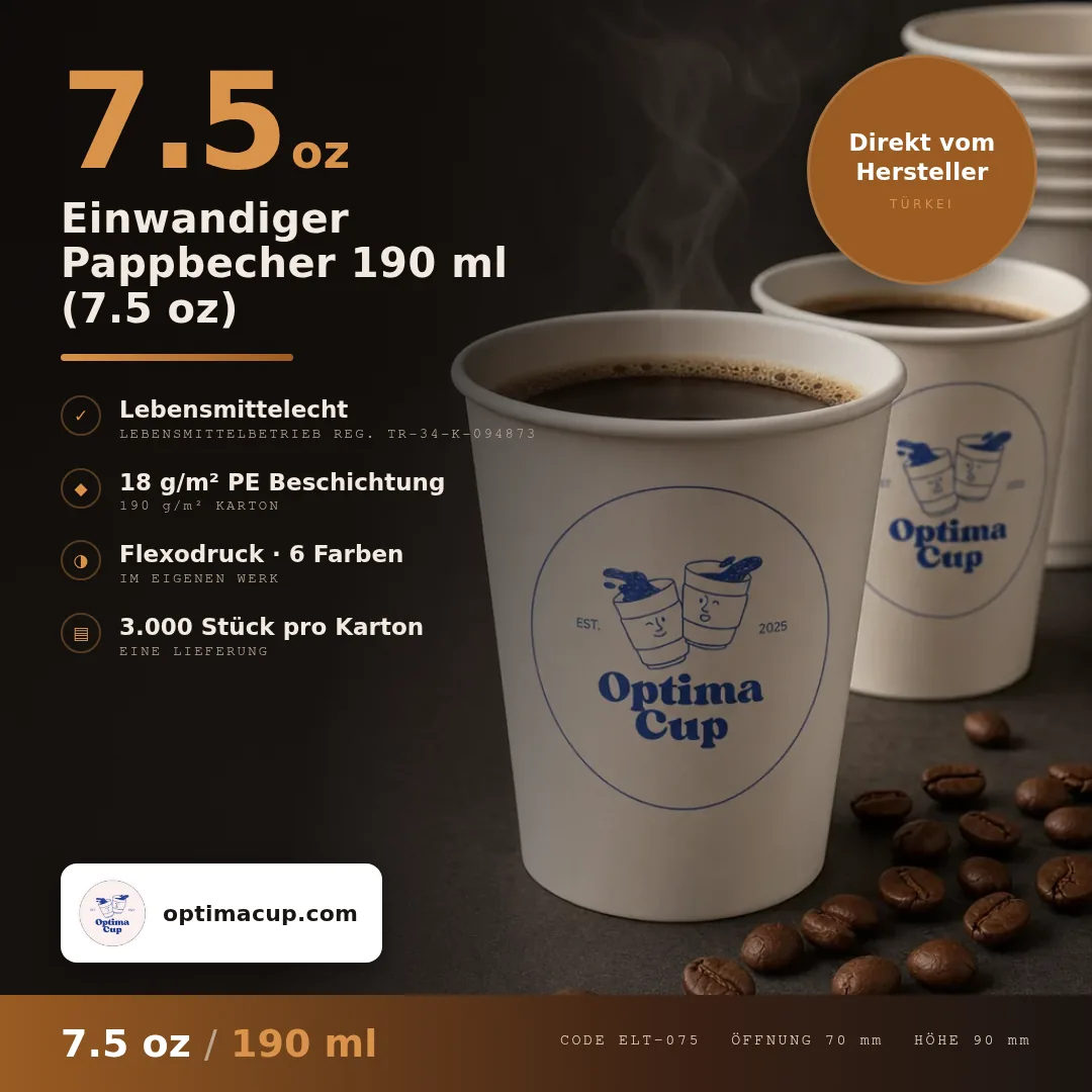 Einwandiger Pappbecher 190 ml (7.5 oz), Maße und Kartoninhalt — Pappbecher direkt vom Hersteller, 3.000 Stück pro Karton