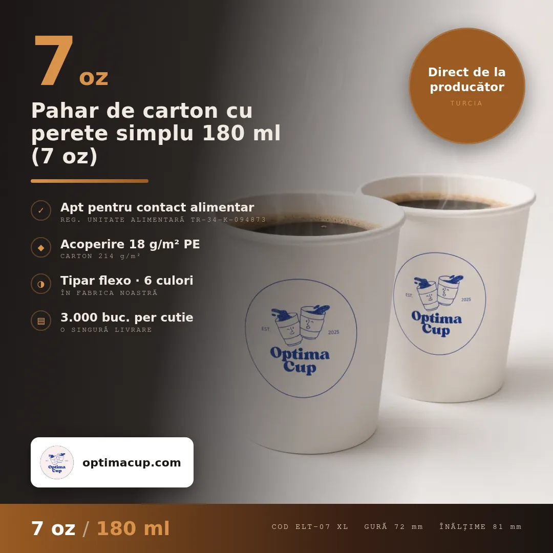 Pahar de carton cu perete simplu 180 ml (7 oz), dimensiuni și bax — pahare carton direct de la producător, 3.000 buc/bax