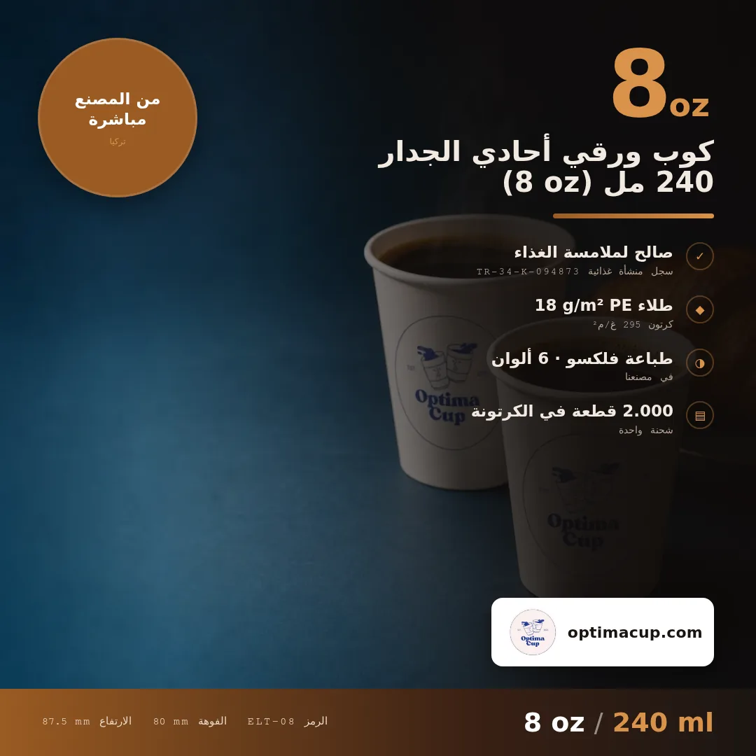 كوب ورقي أحادي الجدار 240 مل (8 oz), المقاسات وعدد الكرتونة — أكواب ورقية بالجملة من المصنع, ‎1.000-2.000‎ كوب في الكرتونة