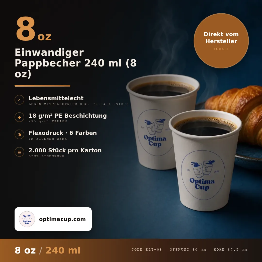 Einwandiger Pappbecher 240 ml (8 oz), Maße und Kartoninhalt — Pappbecher direkt vom Hersteller, 2.000 Stück pro Karton