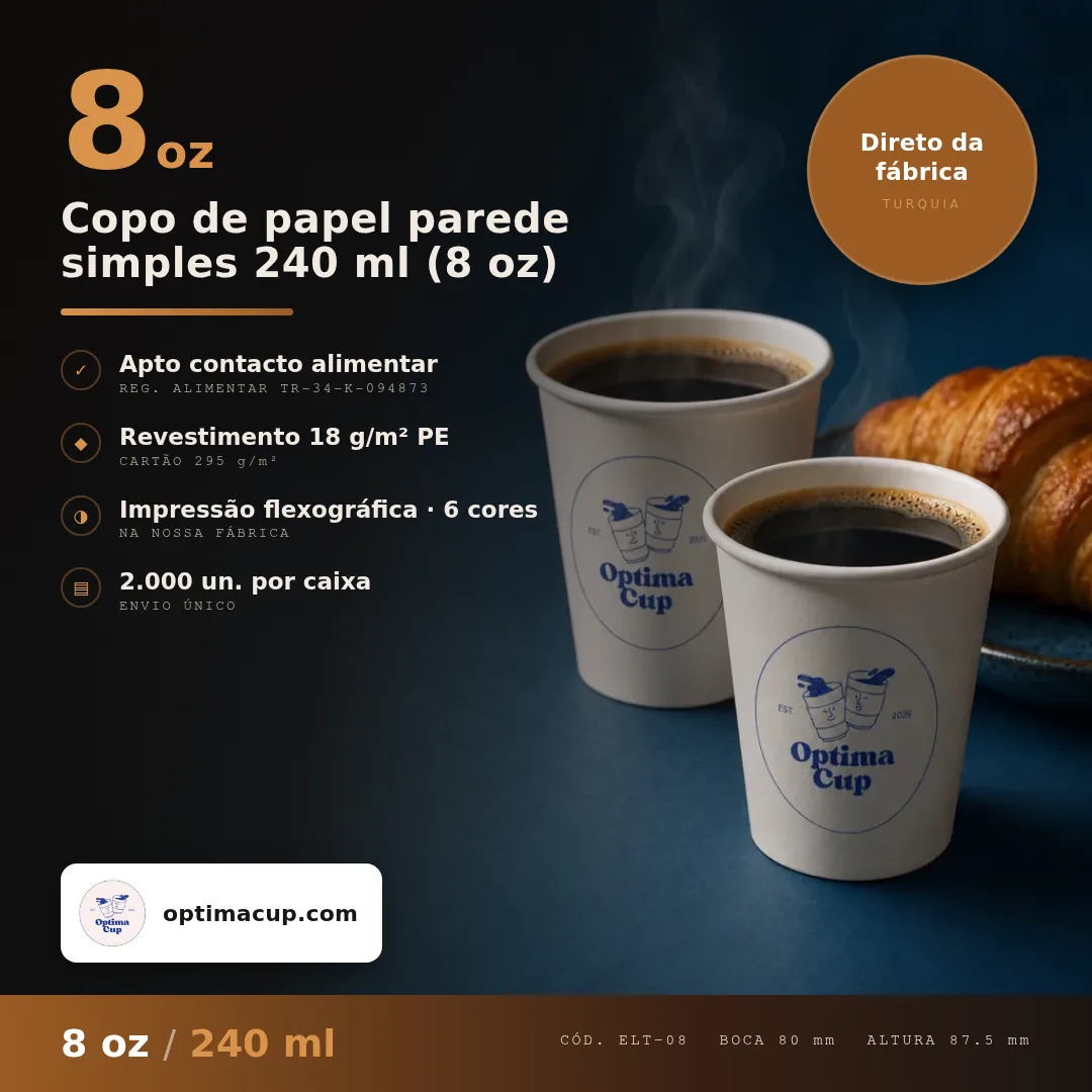 Copo de papel parede simples 240 ml (8 oz), medidas e unidades por caixa — copos descartáveis direto da fábrica, 1.000-2.000 un por caixa