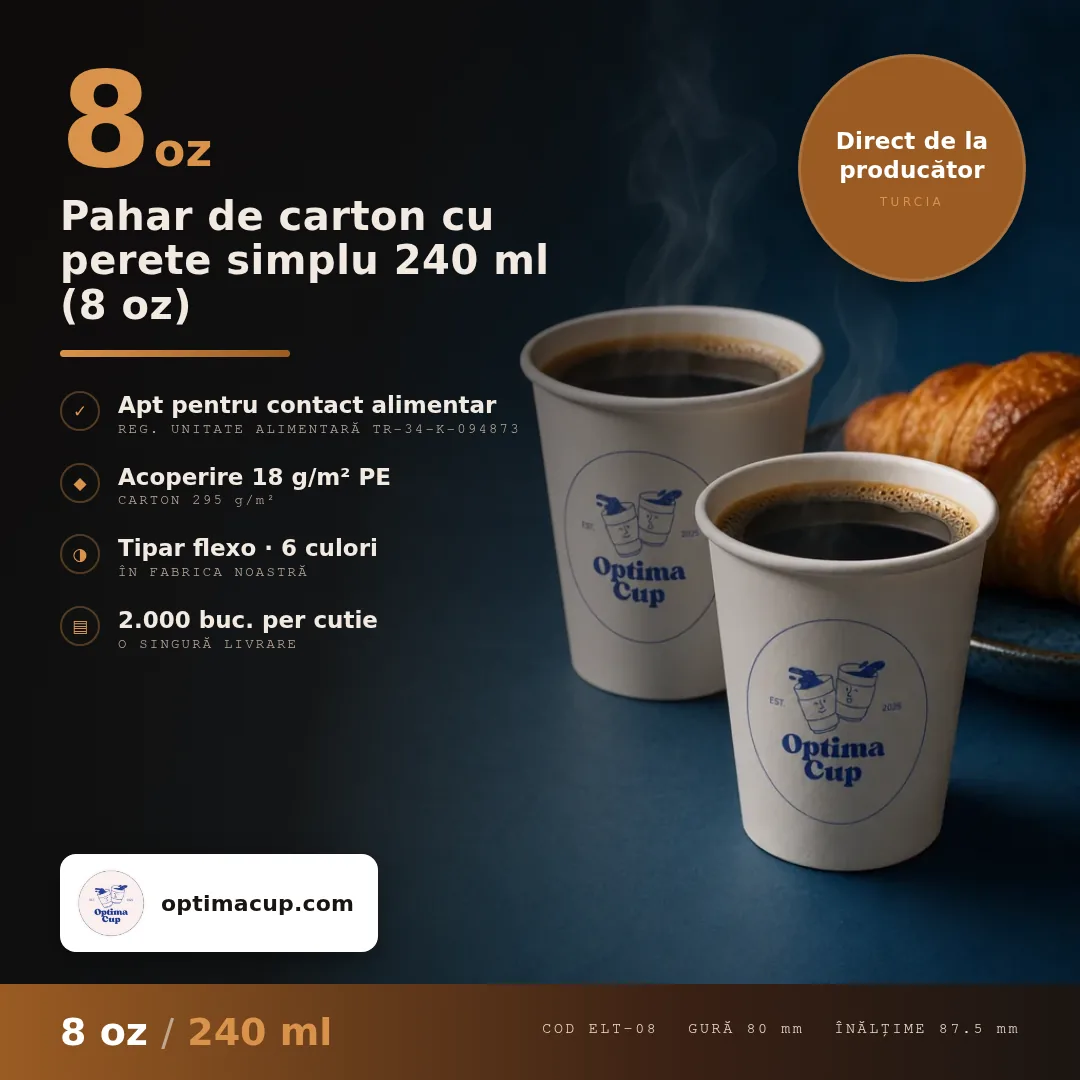 Pahar de carton cu perete simplu 240 ml (8 oz), dimensiuni și bax — pahare carton direct de la producător, 1.000-2.000 buc/bax