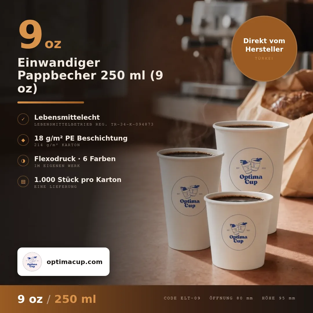 Einwandiger Pappbecher 250 ml (9 oz), Maße und Kartoninhalt — Pappbecher direkt vom Hersteller, 1.000 Stück pro Karton