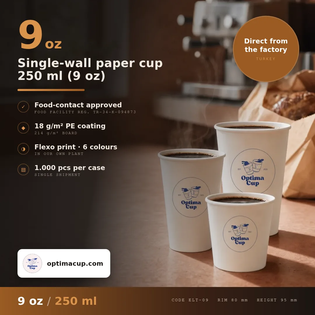 Single-wall paper cup 250 ml (9 oz), size and case data — wholesale from the paper cup manufacturer in Turkey, 1,000 pcs per case