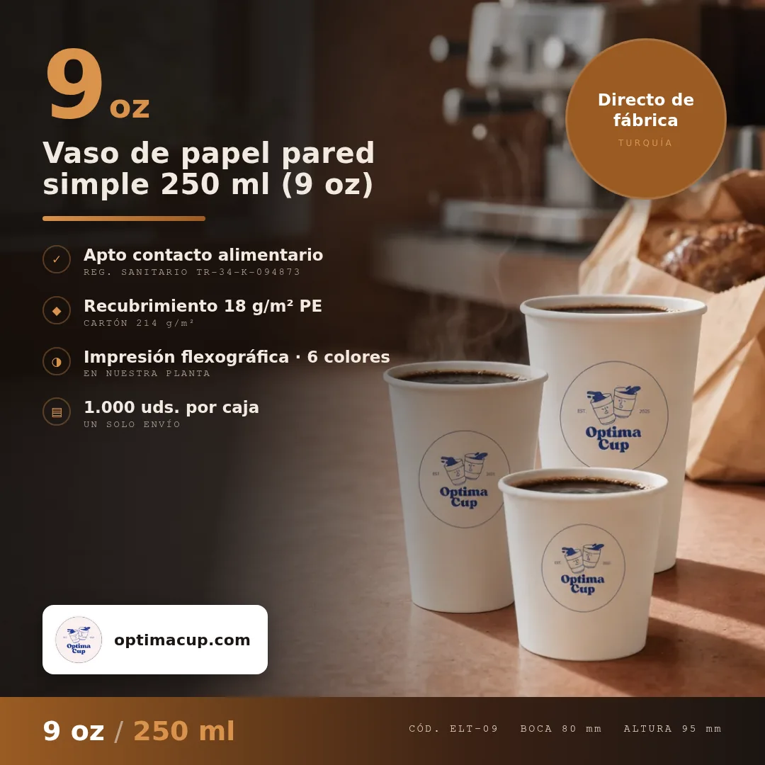 Vaso de papel pared simple 250 ml (9 oz), medidas y unidades por caja — vasos de papel al por mayor de fábrica, 1.000 uds por caja