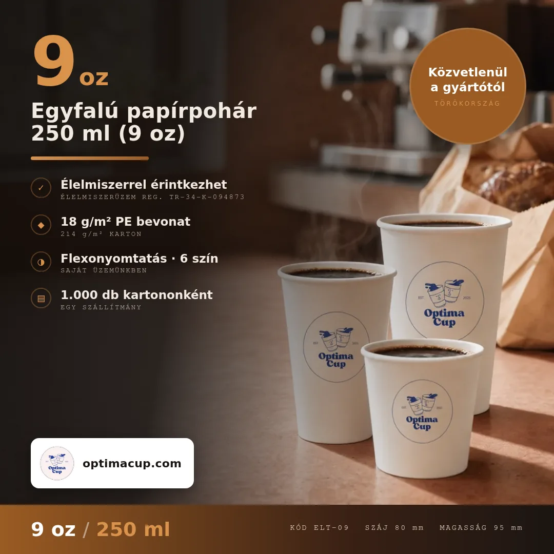 Egyfalú papírpohár 250 ml (9 oz), méretek és kartontartalom — papírpohár közvetlenül a gyártótól, 1 000 db kartononként