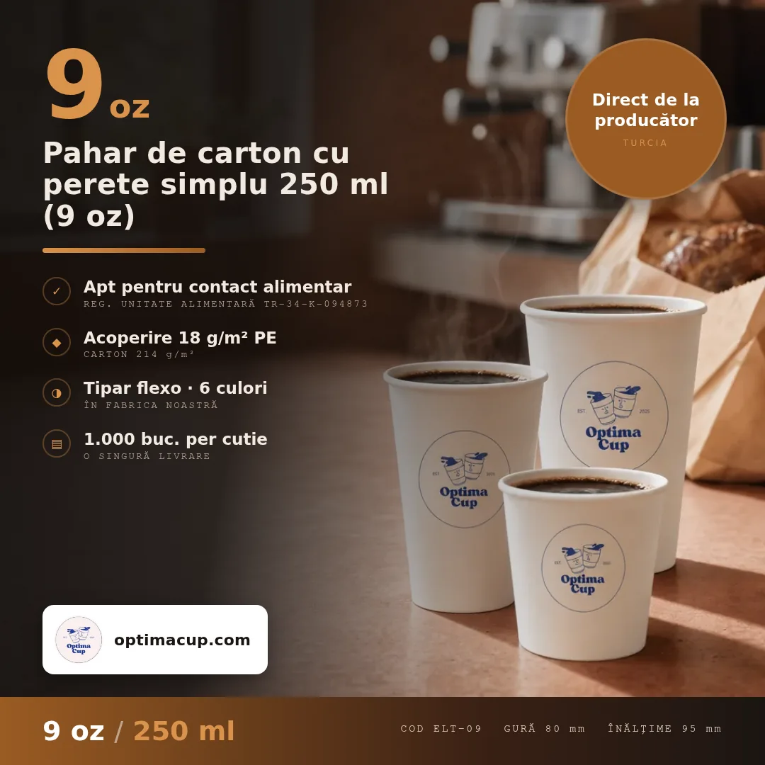 Pahar de carton cu perete simplu 250 ml (9 oz), dimensiuni și bax — pahare carton direct de la producător, 2.000 buc/bax