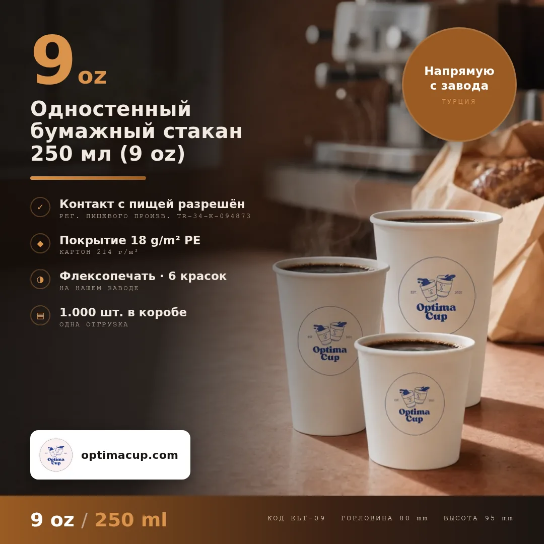 Одностенный бумажный стакан 250 мл (9 oz), размеры и количество в коробке — бумажные стаканы оптом от производителя, 1 000 шт в коробке