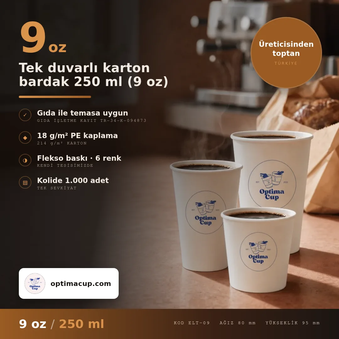 Tek duvarlı karton bardak 250 ml (9 oz), ölçü ve koli bilgisi — karton bardak üreticisinden toptan, kolide 1.000 adet