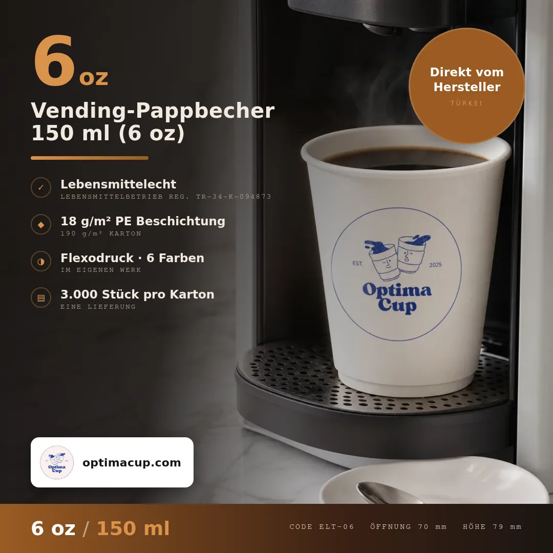 Vending-Pappbecher 150 ml (6 oz), Maße und Kartoninhalt — Pappbecher direkt vom Hersteller, 3.000 Stück pro Karton
