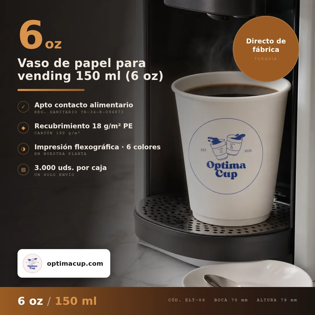 Vaso de papel para vending 150 ml (6 oz), medidas y unidades por caja — vasos de papel al por mayor de fábrica, 3.000 uds por caja