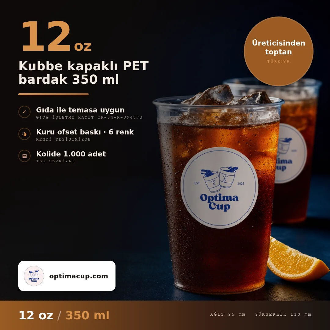 Kubbe kapaklı PET bardak 350 ml, ölçü ve koli bilgisi — PET bardak tedarik ürünü, toptan, kolide 1.000 adet