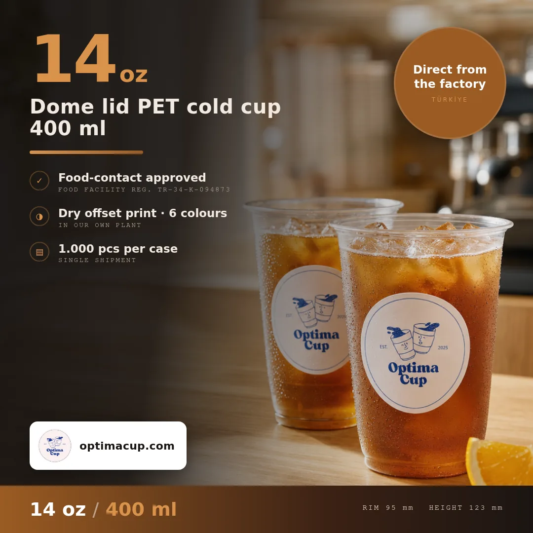 Dome lid PET cold cup 400 ml, size and case data — wholesale PET cups, supplied item shipped from Turkey, 1,000 pcs per case