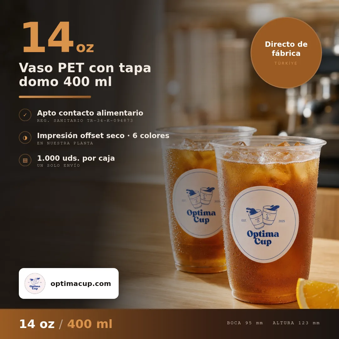 Vaso PET con tapa domo 400 ml, medidas y unidades por caja — vasos PET al por mayor, producto suministrado, 1.000 uds por caja