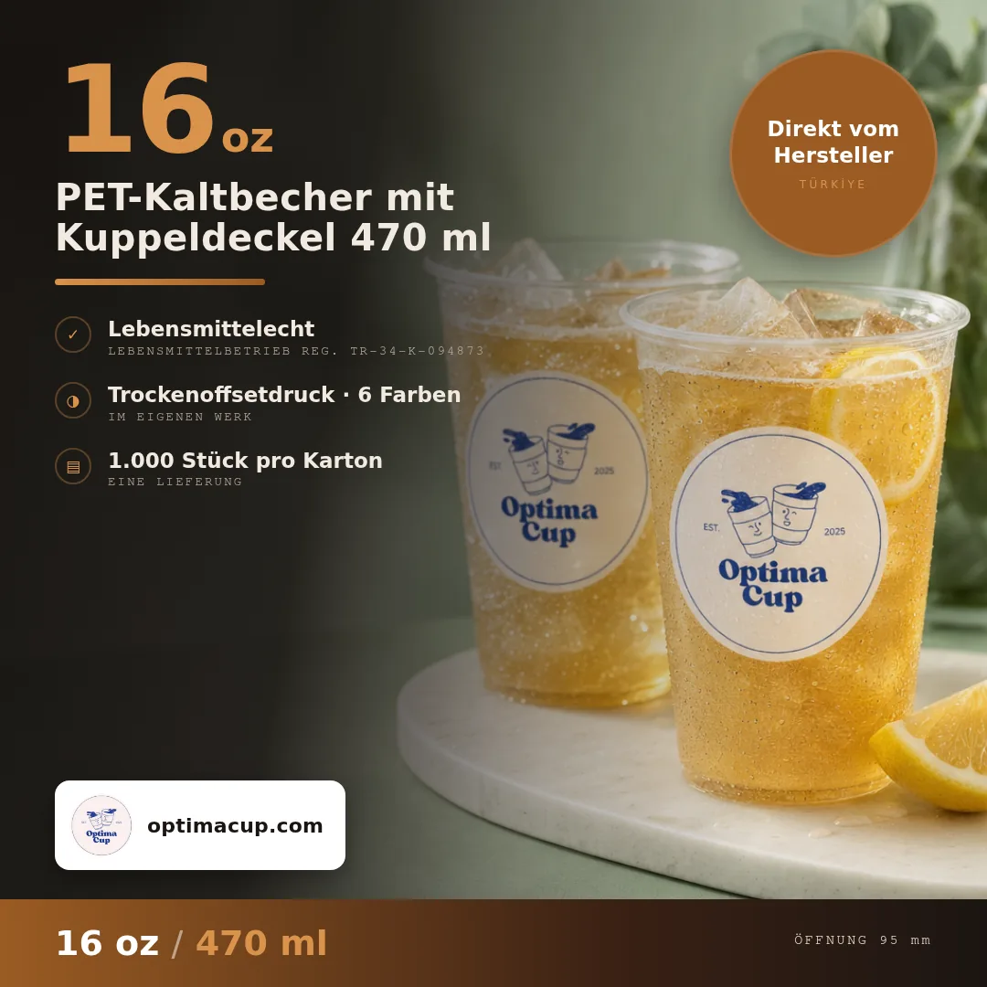 PET-Kaltbecher mit Kuppeldeckel 470 ml, Maße und Kartoninhalt — PET-Becher als Zuliefer-Artikel, 1.000 Stück pro Karton