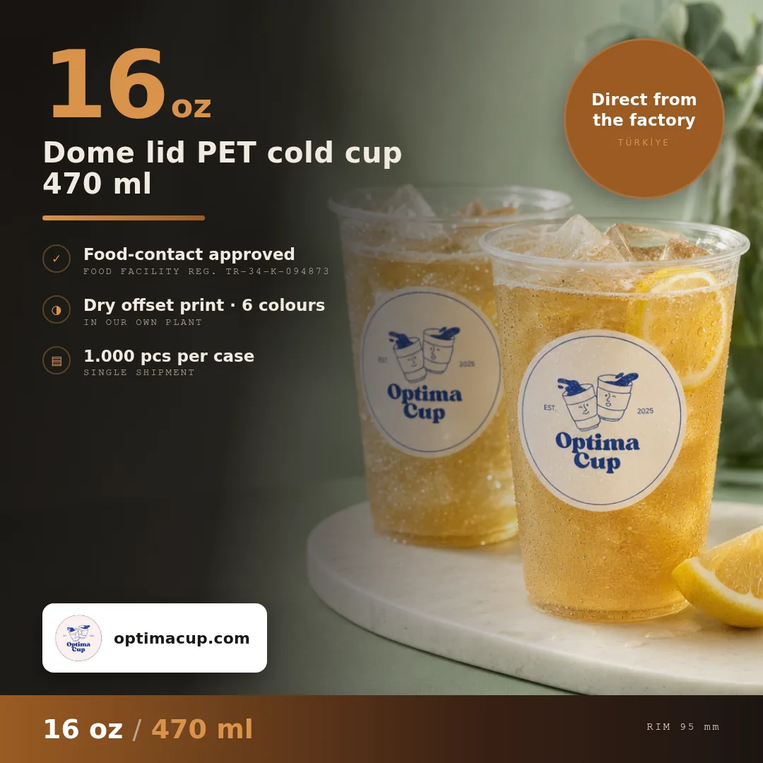 Dome lid PET cold cup 470 ml, size and case data — wholesale PET cups, supplied item shipped from Turkey, 1,000 pcs per case
