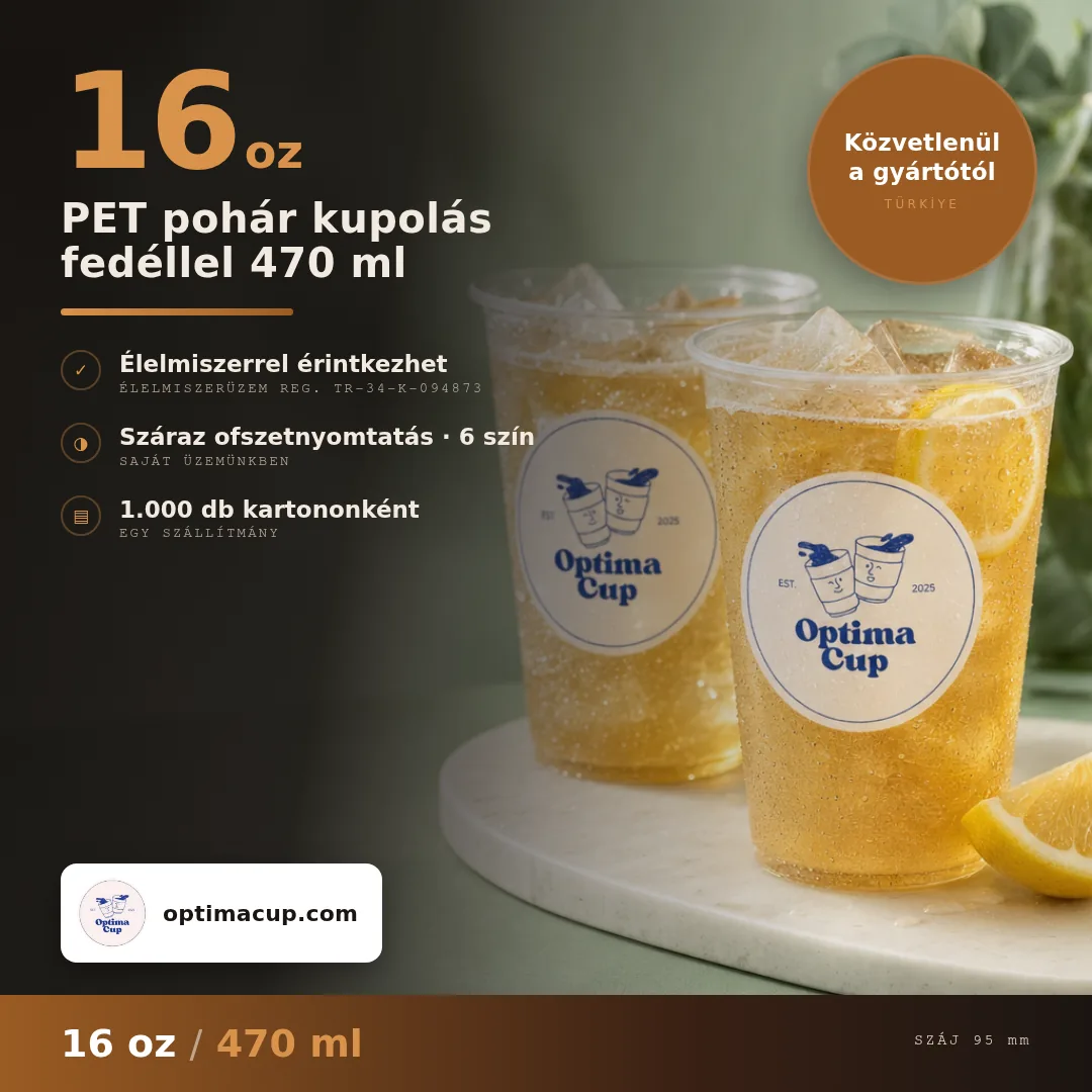 PET pohár kupolás fedéllel 470 ml, méretek és kartontartalom — PET pohár, beszállított termék, 1 000 db kartononként