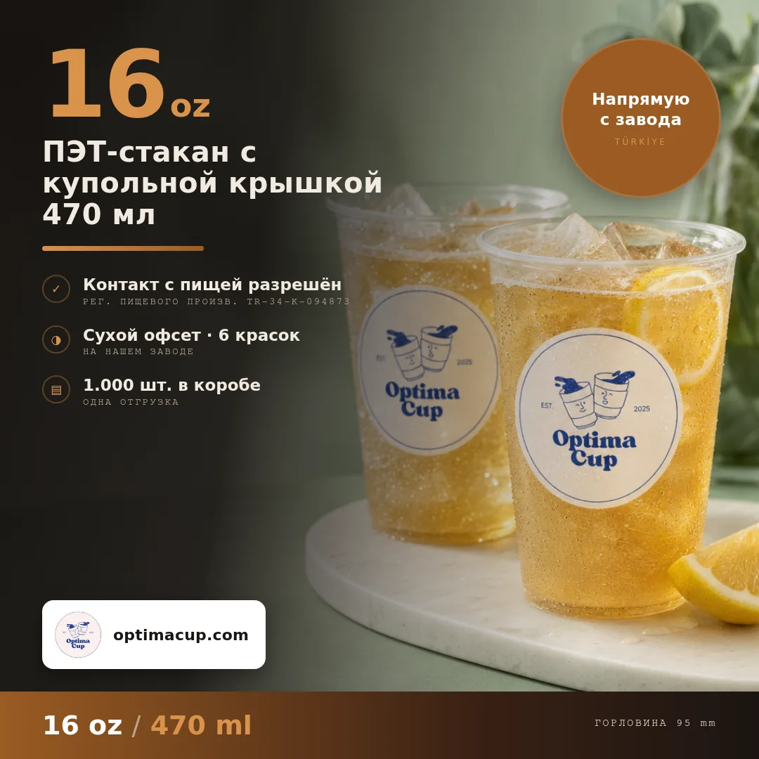 ПЭТ-стакан с купольной крышкой 470 мл, размеры и количество в коробке — ПЭТ-стаканы оптом, поставляемый товар, 1 000 шт в коробке