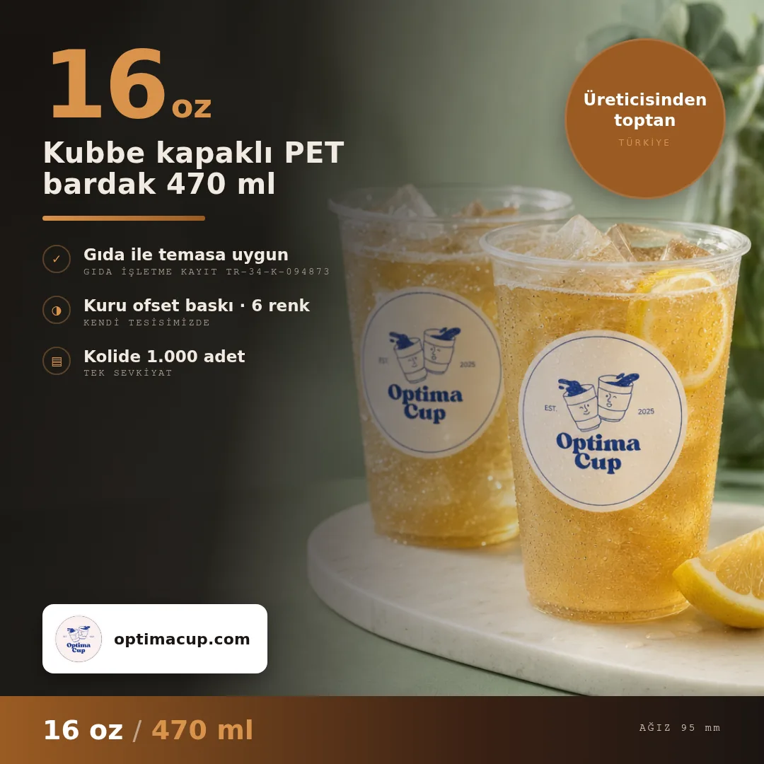 Kubbe kapaklı PET bardak 470 ml, ölçü ve koli bilgisi — PET bardak tedarik ürünü, toptan, kolide 1.000 adet