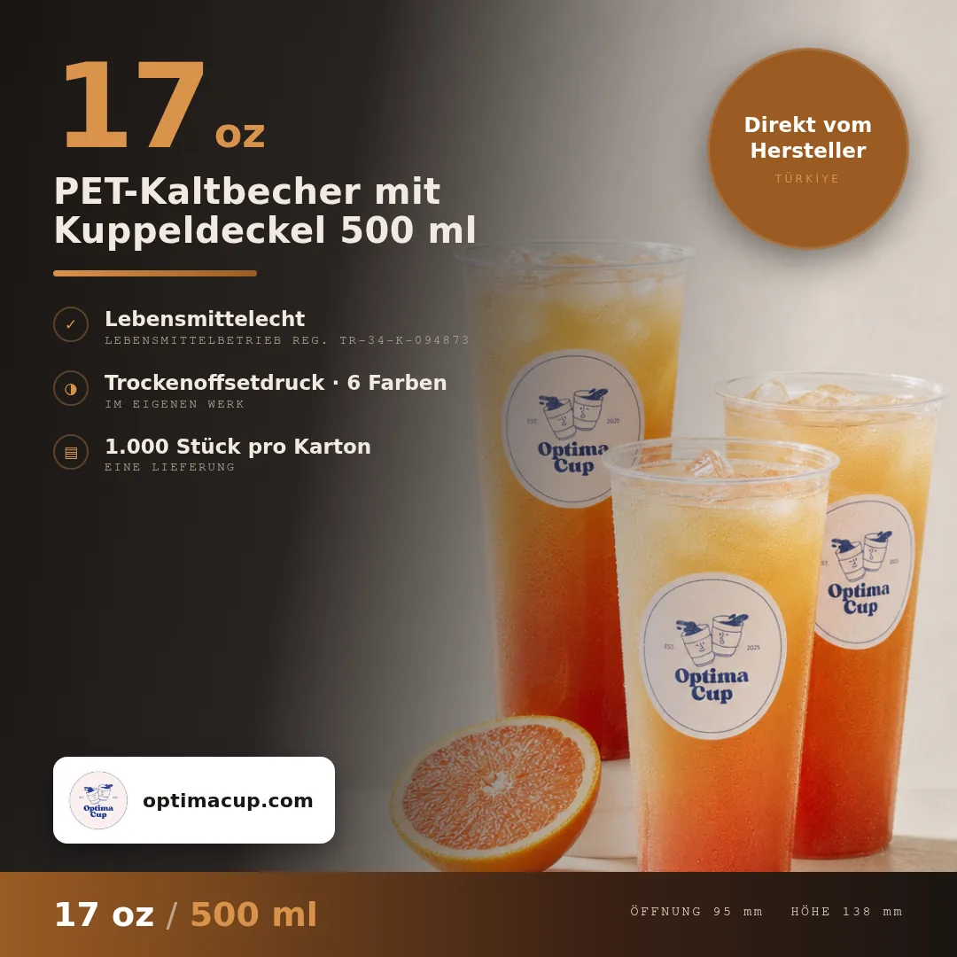 PET-Kaltbecher mit Kuppeldeckel 500 ml, Maße und Kartoninhalt — PET-Becher als Zuliefer-Artikel, 1.000 Stück pro Karton