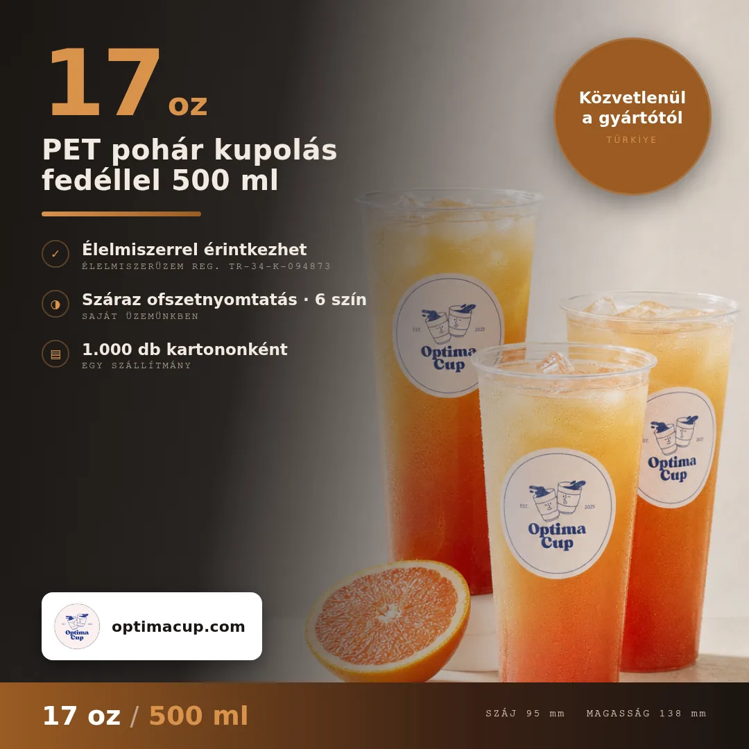 PET pohár kupolás fedéllel 500 ml, méretek és kartontartalom — PET pohár, beszállított termék, 1 000 db kartononként