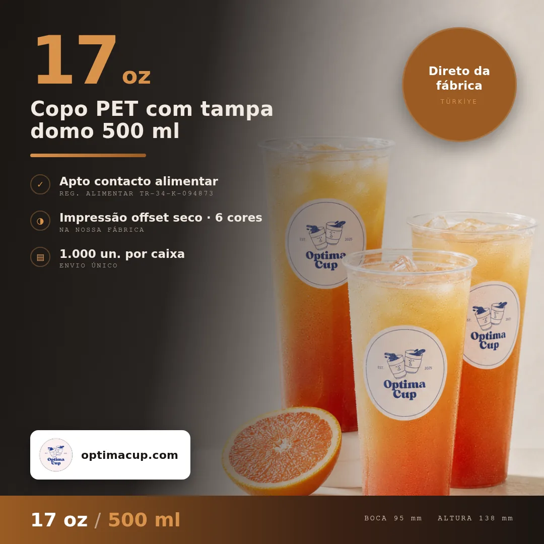 Copo PET com tampa domo 500 ml, medidas e unidades por caixa — copos PET por grosso, produto fornecido, 1.000 un por caixa
