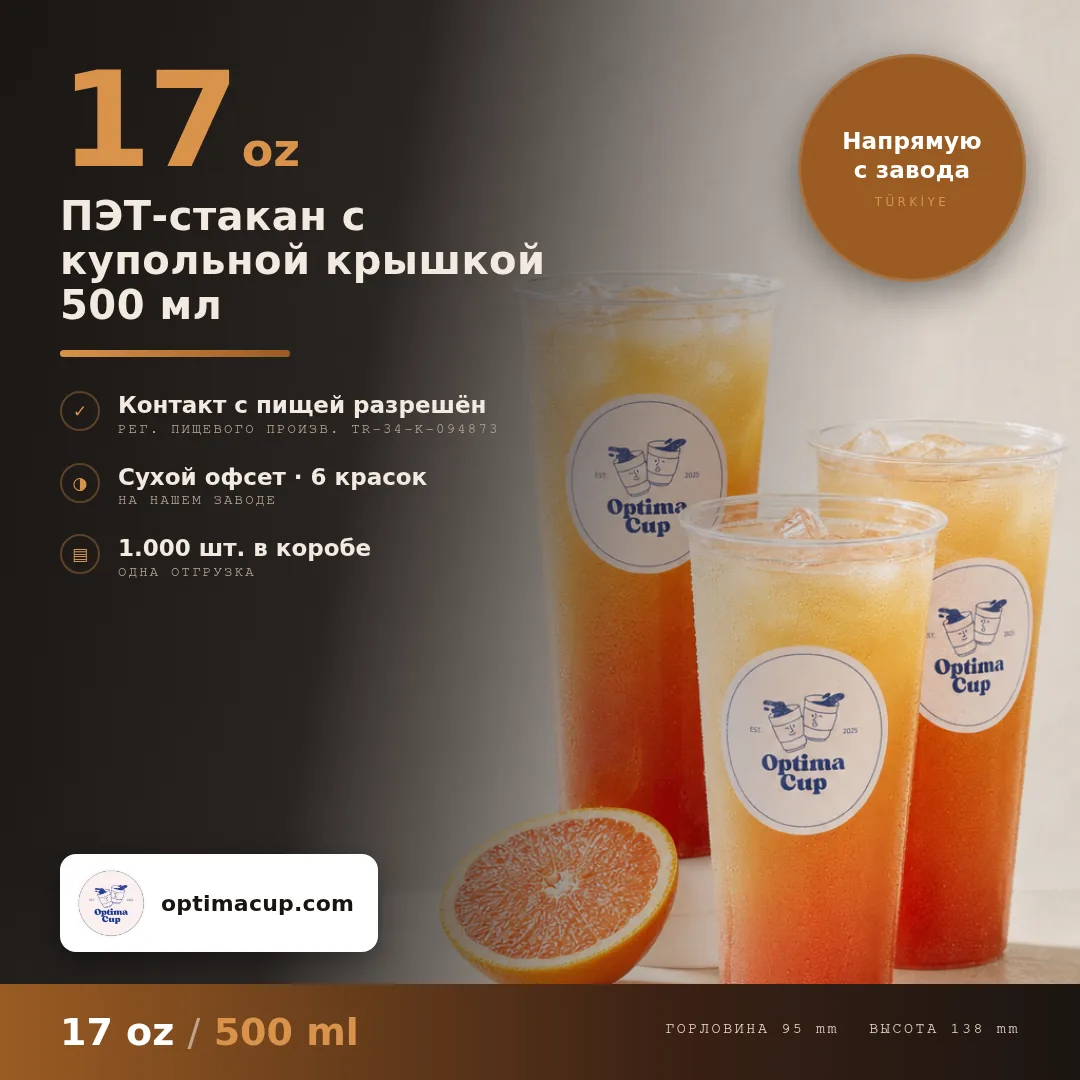 ПЭТ-стакан с купольной крышкой 500 мл, размеры и количество в коробке — ПЭТ-стаканы оптом, поставляемый товар, 1 000 шт в коробке