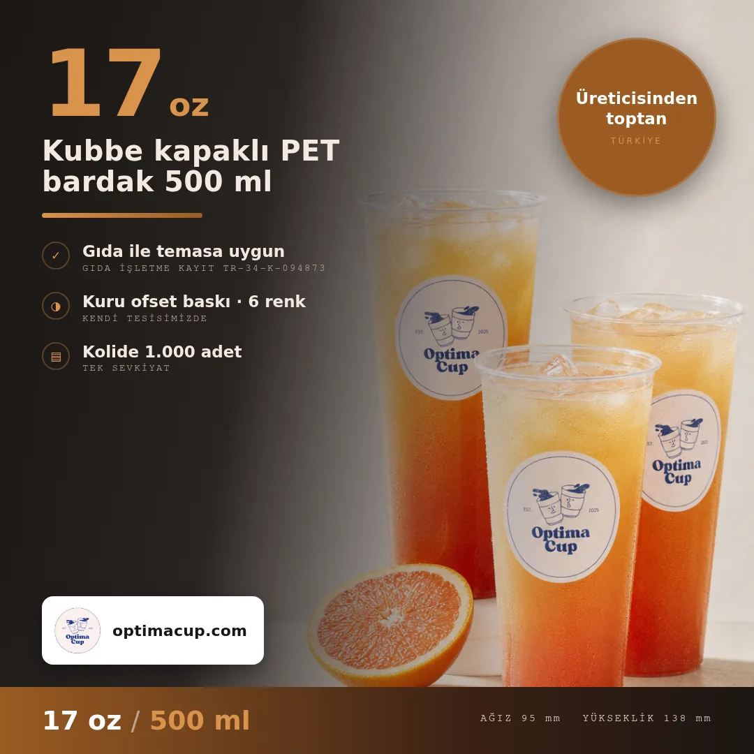 Kubbe kapaklı PET bardak 500 ml, ölçü ve koli bilgisi — PET bardak tedarik ürünü, toptan, kolide 1.000 adet