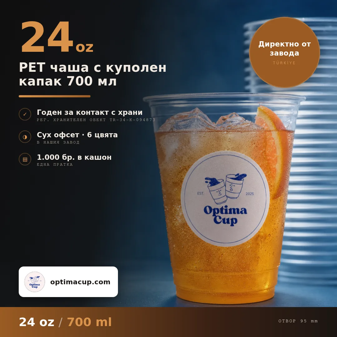 PET чаша с куполен капак 700 мл, размери и кашон — PET чаши, доставян продукт, 1 000 бр в кашон
