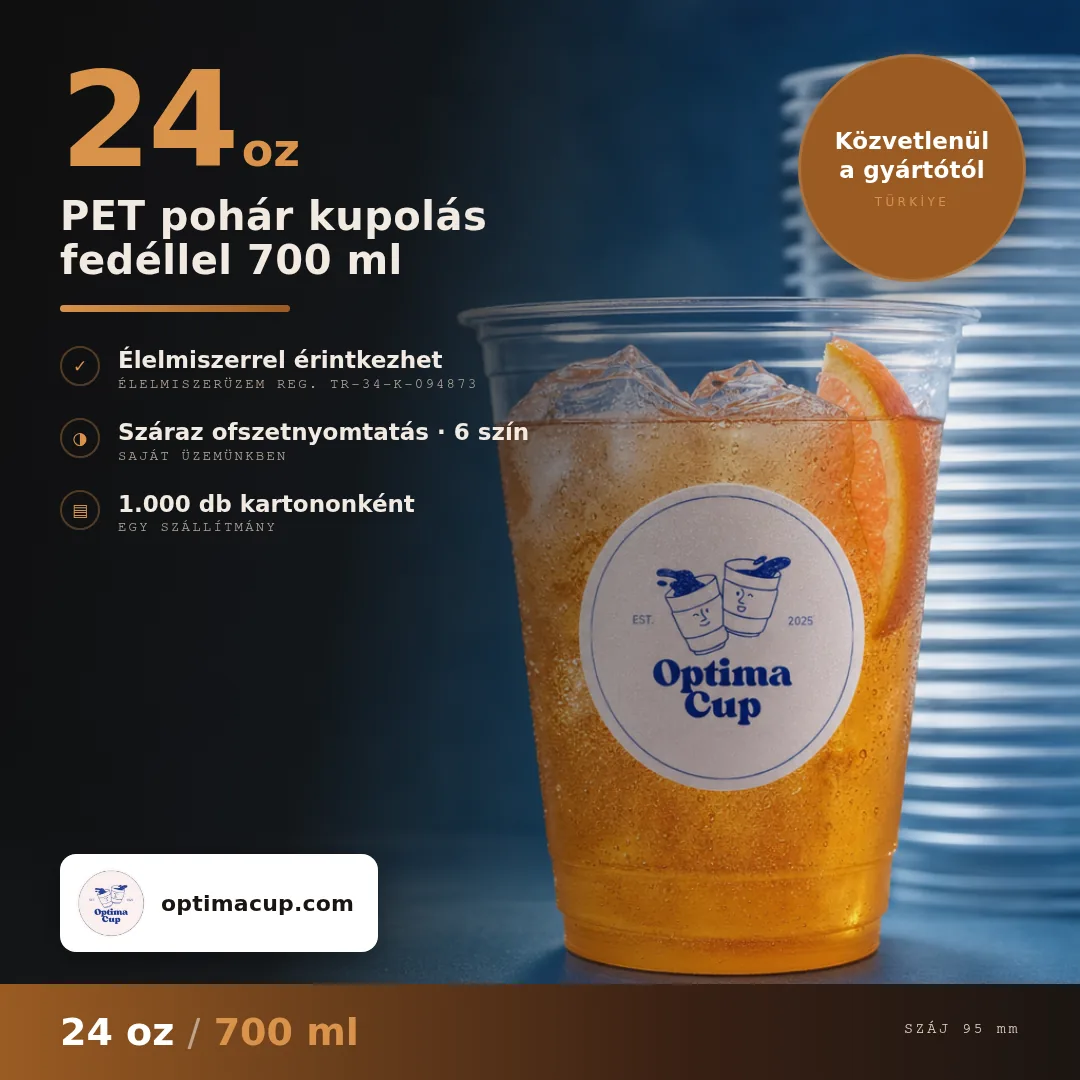 PET pohár kupolás fedéllel 700 ml, méretek és kartontartalom — PET pohár, beszállított termék, 1 000 db kartononként